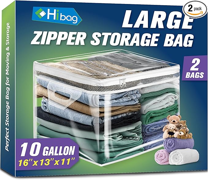 HIBAG 10 Gallon Large Storage Bag for Clothes, Zipper Clothing Storage Bag, Clear Organizer with Reinforced Handles, for Closet and Underbed Storage (2 Pack)