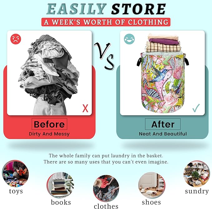 Boho Hummingbird Laundry Basket Pink Flowers Floral Laundry Hamper Foldable Oxford Cloth Birds Colorful Tote Bag Clothes Toy Storage Bucket For Bathroom/Laundry Storage/Bedroom 18.9 x 16.5 Inch