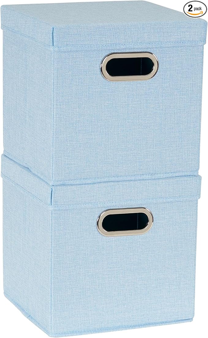 Household Essentials 816-1 Café Cube Bin Storage Set with Lids and Handles | 2 Pack, Baby Blue Linen