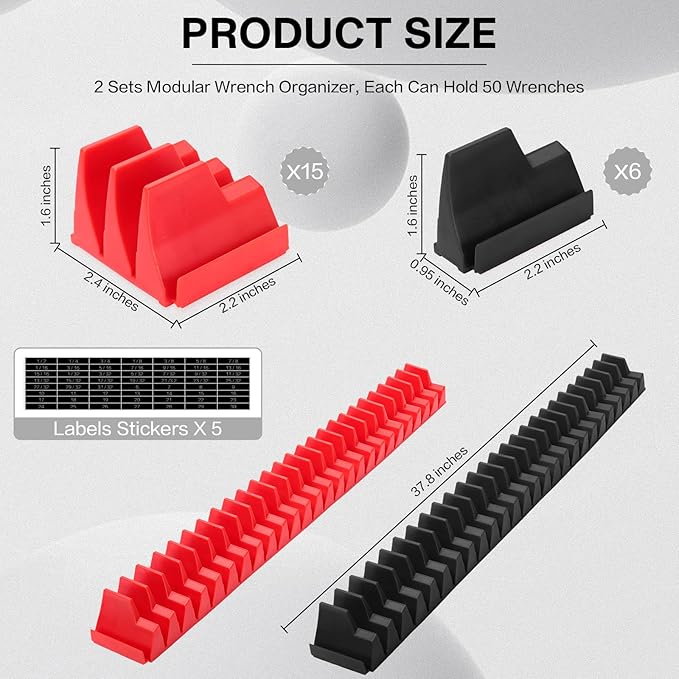 42 Pieces Modular Wrench Organizer Magnetic Wrench Holder Plastic Modular Tool Organizers with Label for Tool Drawer Storage (Black and Red, for 100 Wrenches)