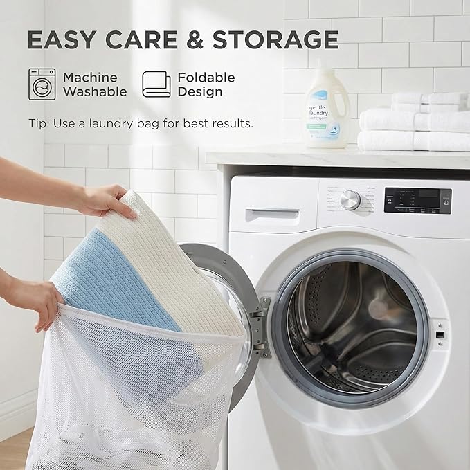 65L Extra Large Blanket Basket for Living Room - Woven Cotton Rope Laundry Hamper with Reinforced Handles - Storage Bin for Pillows, Comforters & Toys - Machine Washable,White&Blue