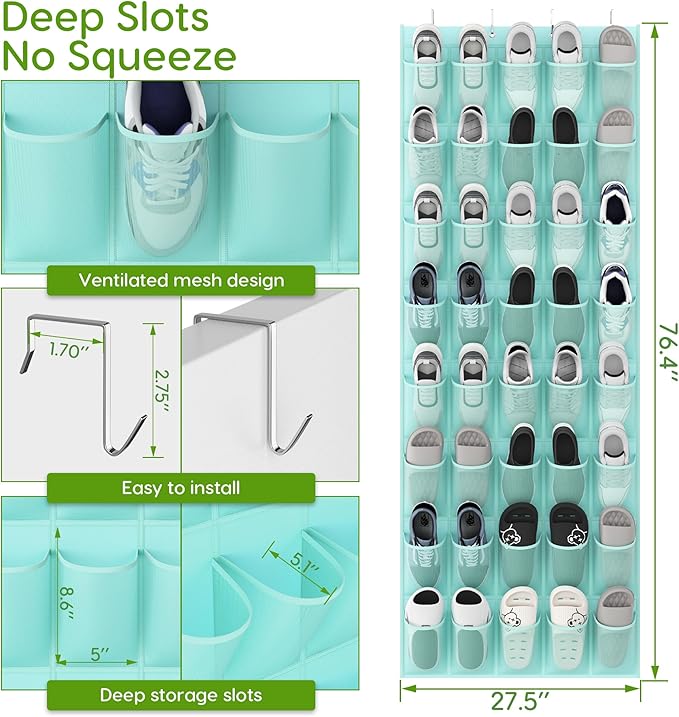 Unjumbly Over the Door Shoe Organizer with 40 Large Breathable Mesh Pockets, Space Saving Shoe Holder, Hanging Shoe Rack for Entryway Bedroom Closet Storage (Mint Blue, 40 Pockets)