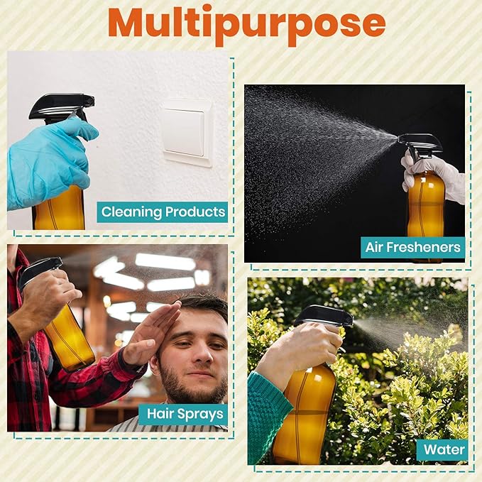 Homeries Amber Glass Spray Bottles For Cleaning Solutions (4 Pack) - 16 Ounce, Refillable Sprayer for Essential Oil, Water, Kitchen, Hair. Durable Black Trigger Sprayer w/Mist and Stream Settings