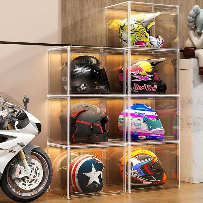 Large Clear Stackable Plastic Storage Bins with Door, Dustproof Figures Collectibles Display Case, Football & Motorcycle Helmet Showcase, Basketball, Memorabilia Organizer Box (XL, Count, 1)