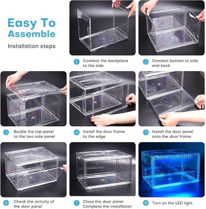 Shoe Storage Organizer for Closet, Foldable Shoe Boxes Rack 2 pack, Clear Plastic Stackable Containers Bins Holder, Magnetic Sneaker Shelf for Sneakerheads with LED Lights Clear