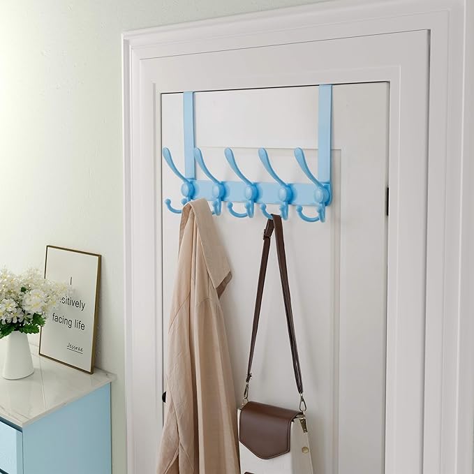 Dseap Over Door Hook 2.0 - Upgraded Version - Simple-Assembly, Strong, Heavy-Duty Stainless Steel 5-Tri-Hook Over The Door Hanger Rack, SimpleStrong Series, Blue, Pack of 2