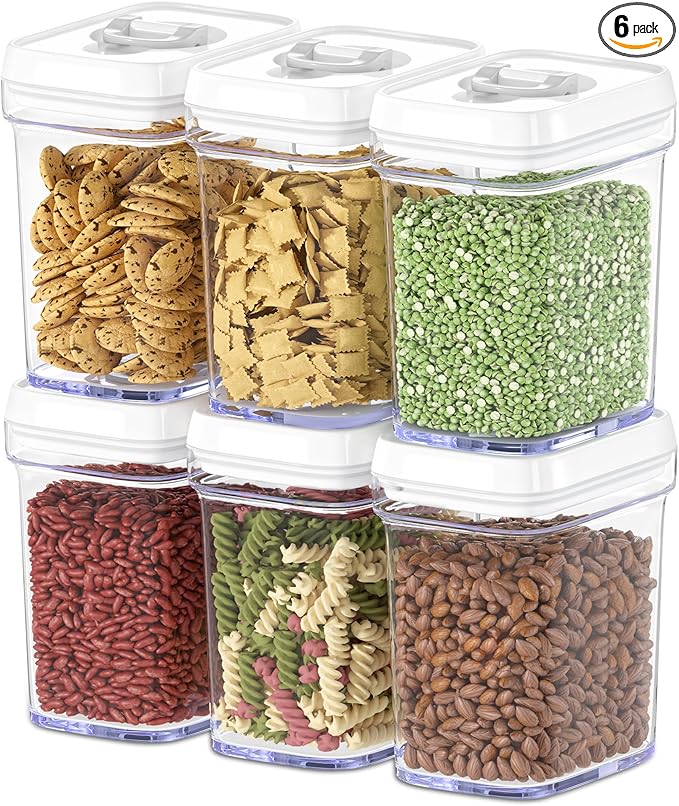 DWËLLZA KITCHEN Airtight Food Storage Containers for Pantry With White Lids – 6 Pack - Clear Air Tight Kitchen Containers Pantry Organization and Storage - BPA-Free Plastic - Keeps Food Fresh & Dry