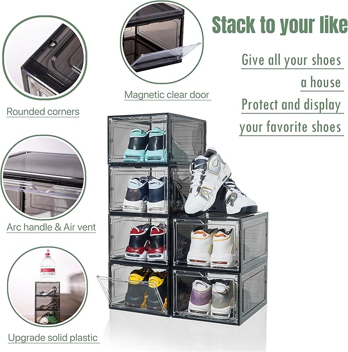 9 Pack X-Large Shoe Organizer, Thicken&Sturdy Shoe Storage Box with Clear Magnetic Door, Stackable Shoe Box with Solid Plastic, Shoe Organizer for Closet (Black)