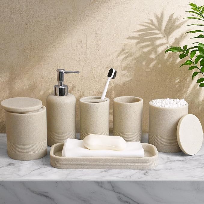 6-Piece Bathroom Accessories Set, Bathroom Accessory Set with Soap Dispenser, Toothbrush Holder Set, Vanity Tray, Tumbler & 2 Cotton Swab Jars, Modern Stylish Bathroom Organizer(Beige)