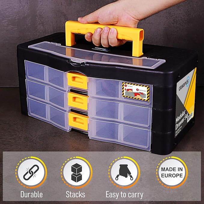 CANOPUS Craft Organizer with Drawers, 15-in Modular Drawer Case, Storage Organizer with Transparent Drawers, Portable Plastic Tool Box for Small Tools, Crafts, Screws, Bolts, Hardware and Small Parts
