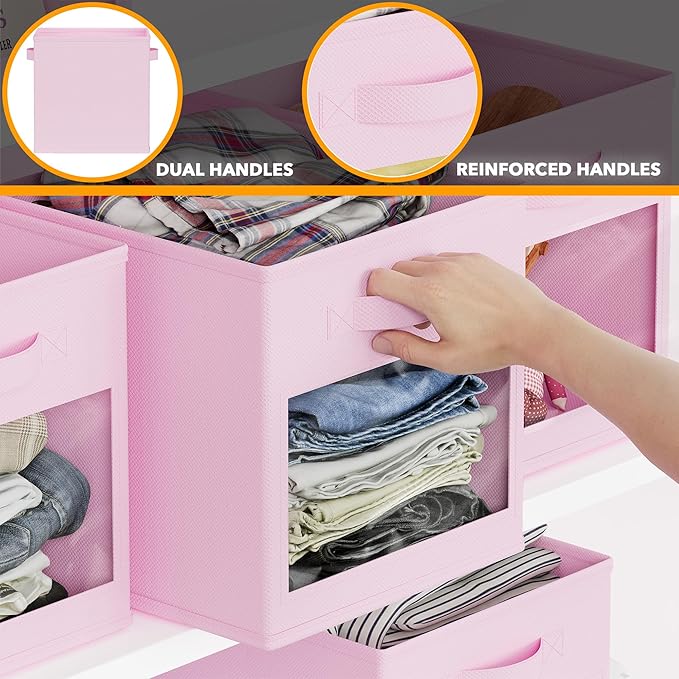 SpaceAid Storage Cubes with Clear Windows, Set of 6 Fabric Bins, 11 Inch Foldable Baskets Boxes for Closet, Cubby Shelf or Cube Storage Organizer, Pink