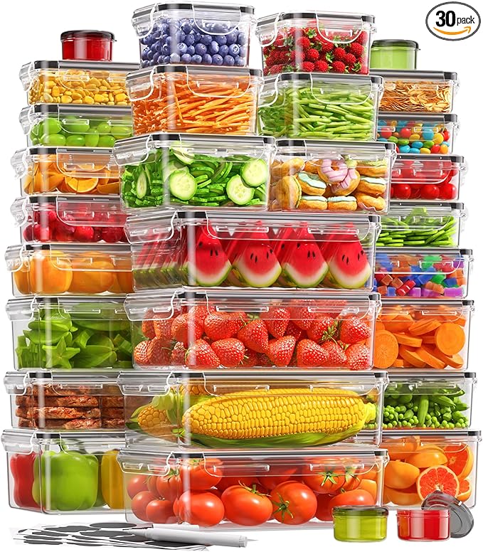 60 PCS Food Storage Containers with Lids, BPA-Free Plastic Food Containers for Kitchen Storage, Leak Proof, Reusable Meal Prep Containers with Labels & Pen