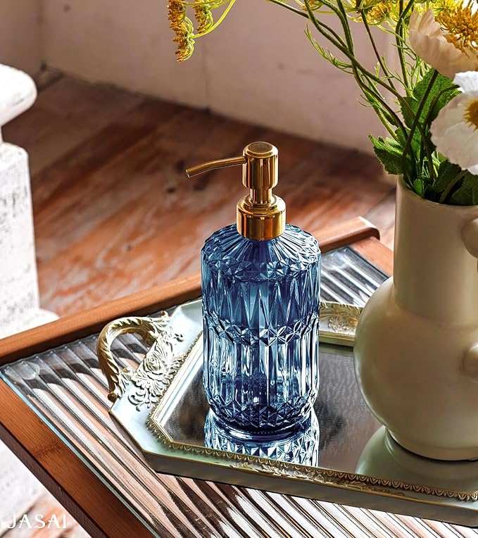 JASAI 18Oz Blue Glass Soap Dispenser with Golden Pump, Refillable Bathroom soap Dispenser with Thick Glass, Clear Kitchen Soap Dispenser for Dish Soap, Hand soap, Lotion.(Blue)