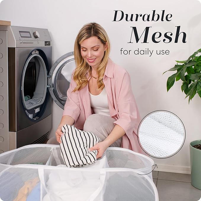 Foldable Laundry Basket - Popup and Collapsible, Durable Mesh Material, Folds for Storage, Easy Carry Handles - Great Hamper for College Dorm, Laundry Room or Travel (White, 3-Compartments)