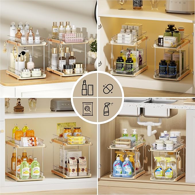 Delamu 2 Tier Bathroom Under Sink Organizers and Storage with Hook, Multi-Purpose Cabinet Drawers with Movable Dividers, Pull Out Organization for Countertop, Kitchen and Pantry(Wood Grain, 2 Pack)