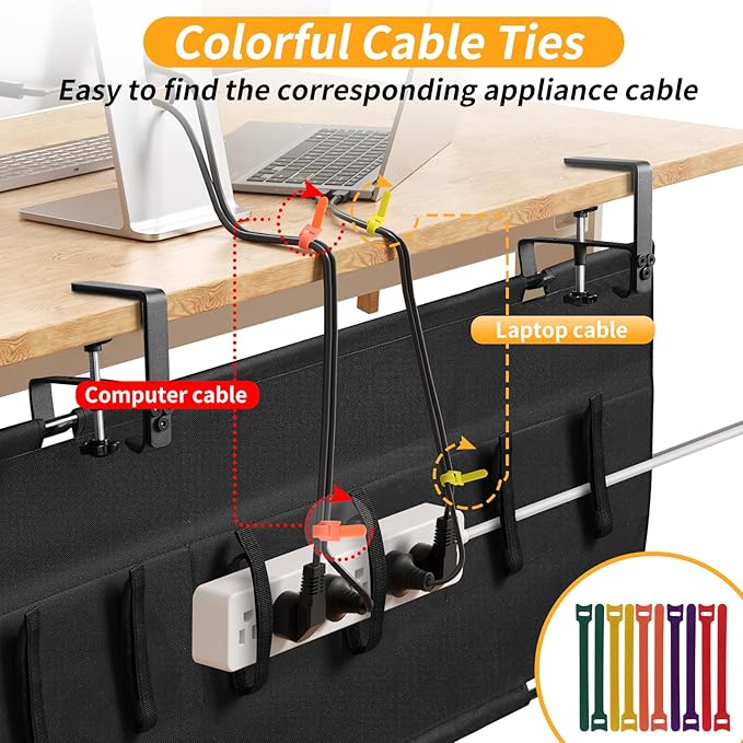 No Drill Under Desk Cable Management Tray, 48" Cord Organizer with Clamp, Fabric Cable Management for Standing Desks, Ideal for Home & Office - Black