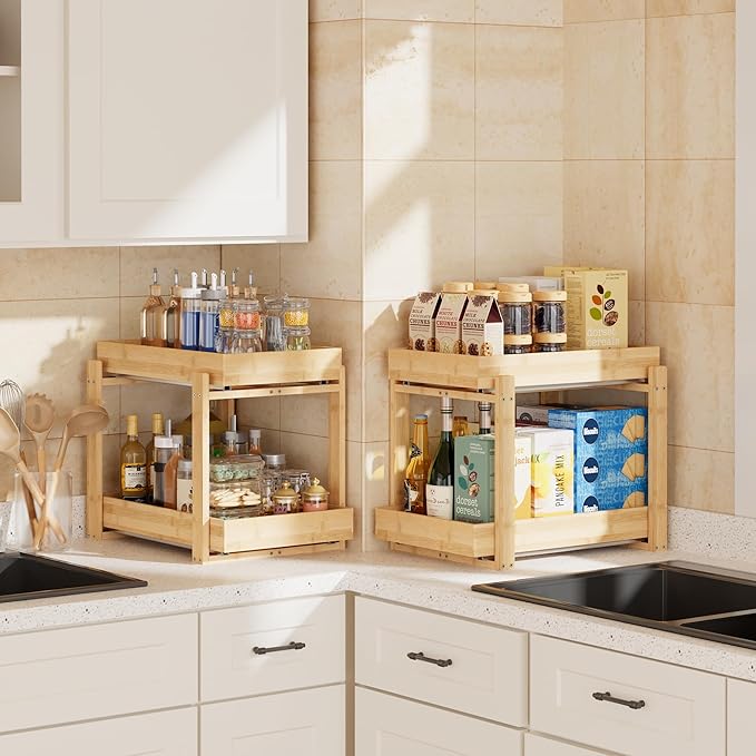 Bamboo Wood Under Sink Organizer 2 Pack, Pull Out Cabinet Organizer 2 Tier Under Sink Organizers and Storage with Sliding Drawer Sturdy Easy Assembly for Kitchen Bathroom (Nature)