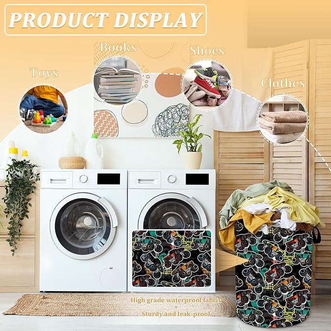 Car Lover Laundry Hamper, Monster Truck Cars Laundry Basket for Kids, Oxford Waterproof Foldable Clothes Storage Bin, Toy Organizer Basket for Bathroom/Household/College Dorms 15.7"x19.6"