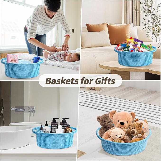 Pro Goleem Small Woven Basket with Gift Bags and Ribbons Durable Baskets for Gifts Empty Small Rope Basket for Storage 12"X 8" X 5" Baby Toy Basket with Handles, Blue