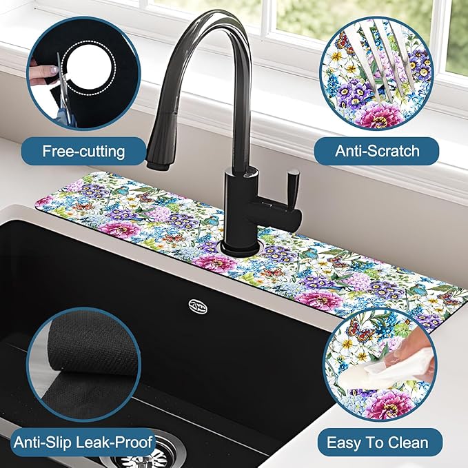Beautiful Floral Sink Splash Guard Flower Bird Butterfly Faucet Absorbing Mat Fast Drying Mat Sink Gadgets Splash Guard Behind Faucet Drip Catcher for Kitchen Bathroom, 23.5"x5.5"
