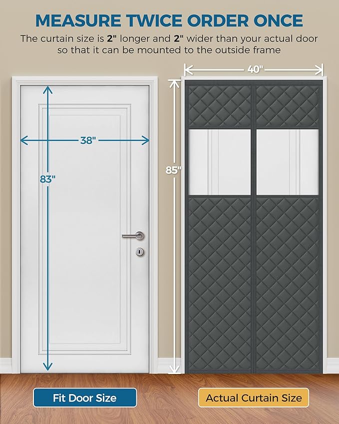 Magnetic Thermal Insulated Door Curtain Fits Door Size 38" x 83", Oxford Cloth Thicken Cotton Fiber Filled, Self-closing Screen Insulation Cover Keep Warm in Winter, with Clear Windows, Grey