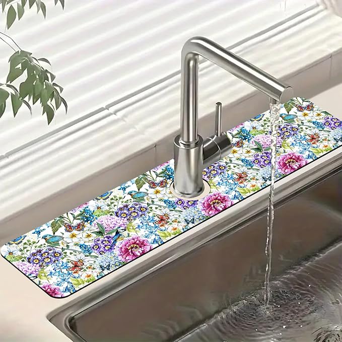 Beautiful Floral Sink Splash Guard Flower Bird Butterfly Faucet Absorbing Mat Fast Drying Mat Sink Gadgets Splash Guard Behind Faucet Drip Catcher for Kitchen Bathroom, 23.5"x5.5"