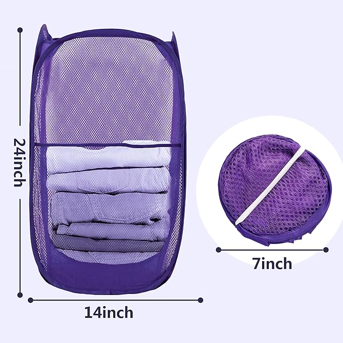 LXLOVESM Pop Up Laundry Hamper, Mesh Laundry Basket Collapsible, Foldable Hamper for Travel and Storage (Purple)