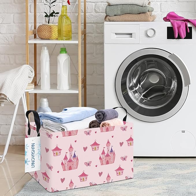 LANGYASHAN Rectangular Storage Bin Collapse Canvas Fabric Cartoon Storage Basket with Handles for Organizing Home Kitchen Boys and Girls Toys Office Closet Shelf Baskets (Rec Pink Castle)