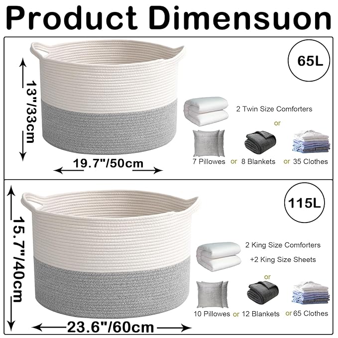 115L Large Blanket Basket,23.6" L x 23.6" W x 15.7" H Rope Woven Baskets with Handles, Toys Storage Bins,Laundry Basket Perfect for Living Room, Nursery,Bedroom,Home Organization,White&Grey