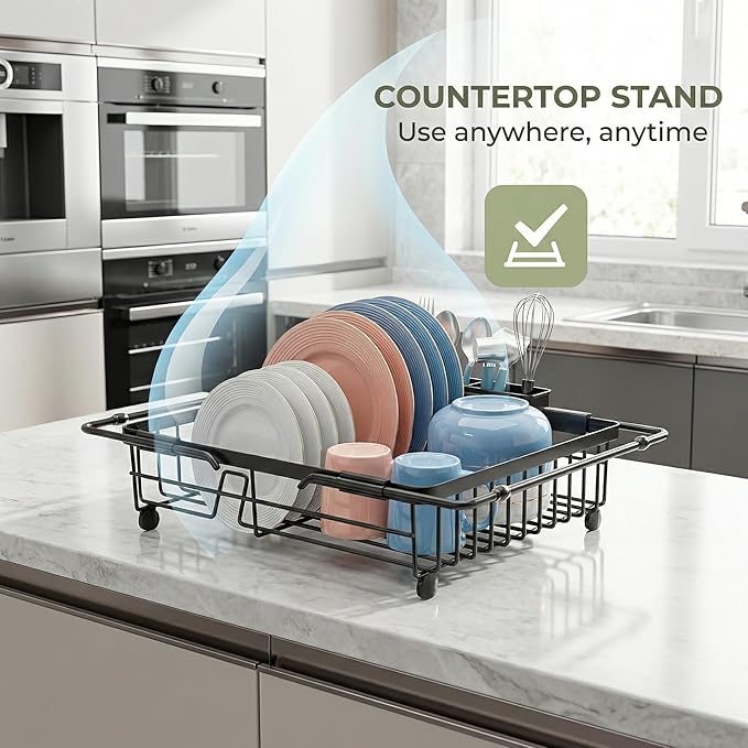 Expandable in Sink Dish Drying Rack - Adjustable Capacity Over The Sink Dish Drainer Drying Rack with Utensil Holder for Kitchen Counter, Drying Rack for Small Space,14.37“-21.06”L x 11.81“W x 3.74”D