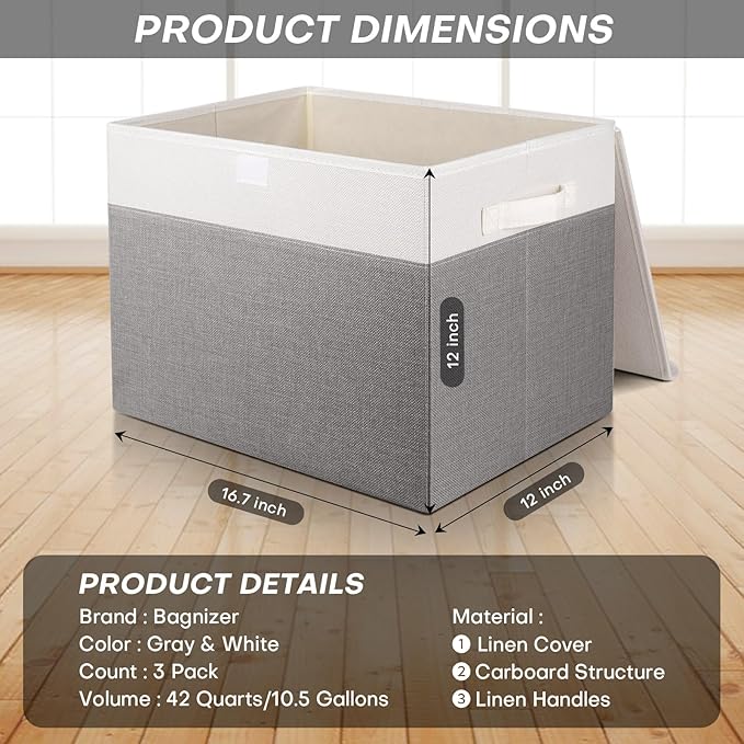Large 17" 42 Quarts Collapsible Stackable Storage Bins with Lids [3-Pack] Foldable Fabric Linen Storage Boxes Cube, Closet Organizer Baskets with Label (16.7 x 12 x 12, Gray & White)