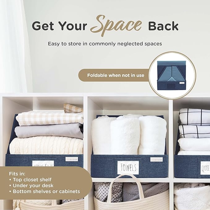VIVIDECOR Trapezoid Storage Bins – 12x12x10 Fabric Storage Baskets, Collapsible Easy-Access Organiser Boxes for Baby Clothes, Kids Room Organizer – Navy Blue, 3 Pack