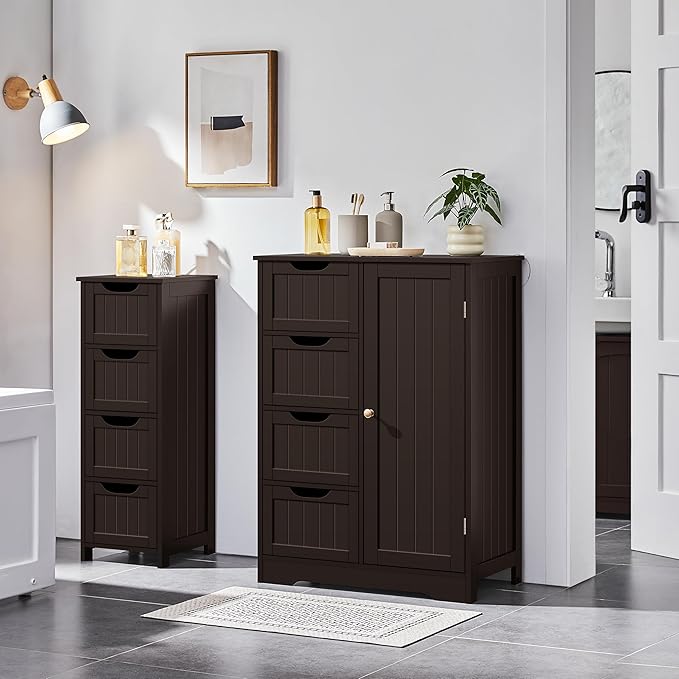 Yaheetech Large Bathroom Floor Cabinet with 4 Drawers and Single Door Cabinet, Freestanding Storage Cabinet for Living Room Kitchen Hallway, Espresso