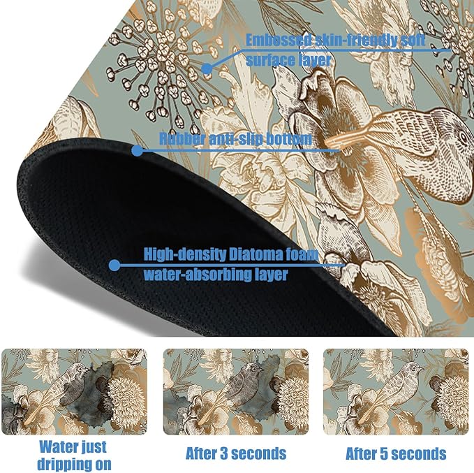 Sink Splash Guard Faucet Mat Peonies Bird and Butterflies Absorbent Fast Drying Mat Sink Gadgets Splash Guard Behind Faucet Drip Catcher for Kitchen Bathroom 15.5"X5.5"