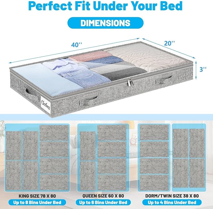 3 Inch Low Profile Under Bed Storage Drawer 2 Pack, Lightweight Underbed Clothes Storage Container Bins with NO STURCTURE, Shallow Storage Bag for Dorm & Home, With Clear Lids & Water-Resistant Fabric
