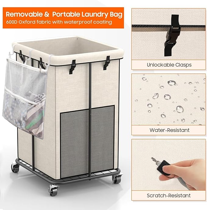 160L Laundry Basket with Wheels, Rolling Laundry Hamper with Removable Bag and Metal Frame for Dirty Clothes - Bedroom/Laundry Room/Bathroom Applicable （Large & Tall）