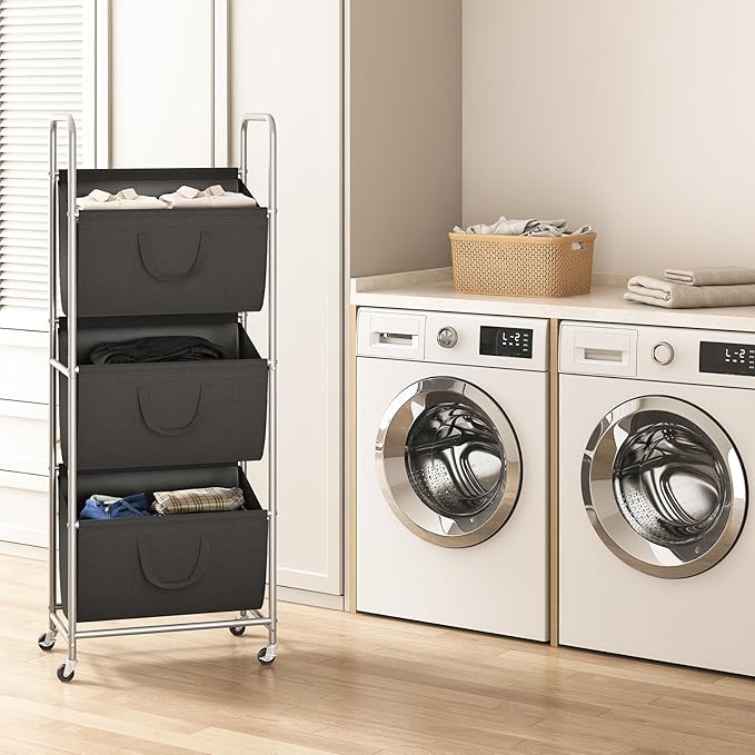 ELYKEN 120L Vertical Rolling Laundry Hamper with Removable Bags, 3 Section Laundry Baskets with Wheels, Space-Saving 3 Tier Laundry Sorter for Small Spaces, Dorm, Bedroom, Bathroom, Laundry Room