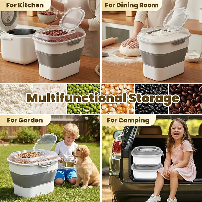 20-50Lbs Rice Container,Collapsible Food Storage Containers with Clear Airtight Lid,Wheels,Date Track,Rice Storage Container with 2PCS Containers and Scoop,Rice Dispenser for Flour Sugar Grain Dog Cat
