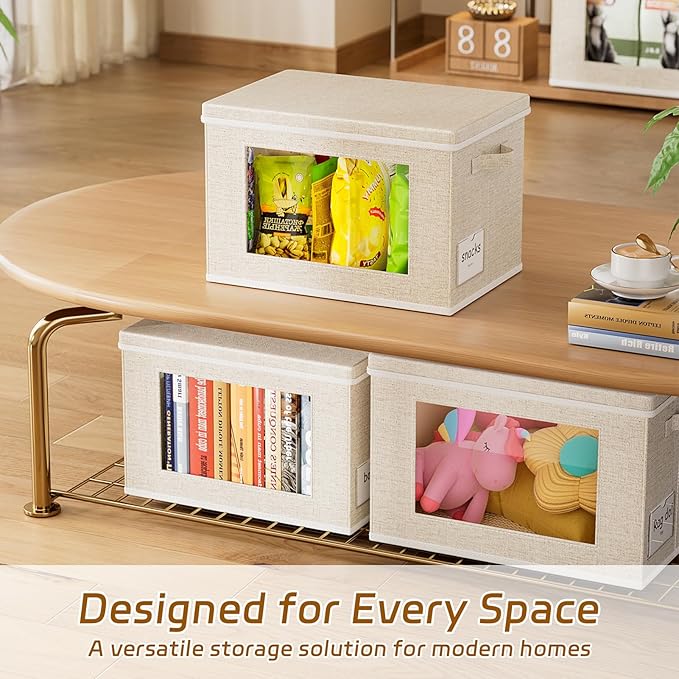 4-Pack Fabric Foldable Storage Bins Closet Storage Box with Window Decorative Storage Bins with Lids for Clothes, Closet, Books, Living Room, Beige, 15“ x 9.8” x 9.8"