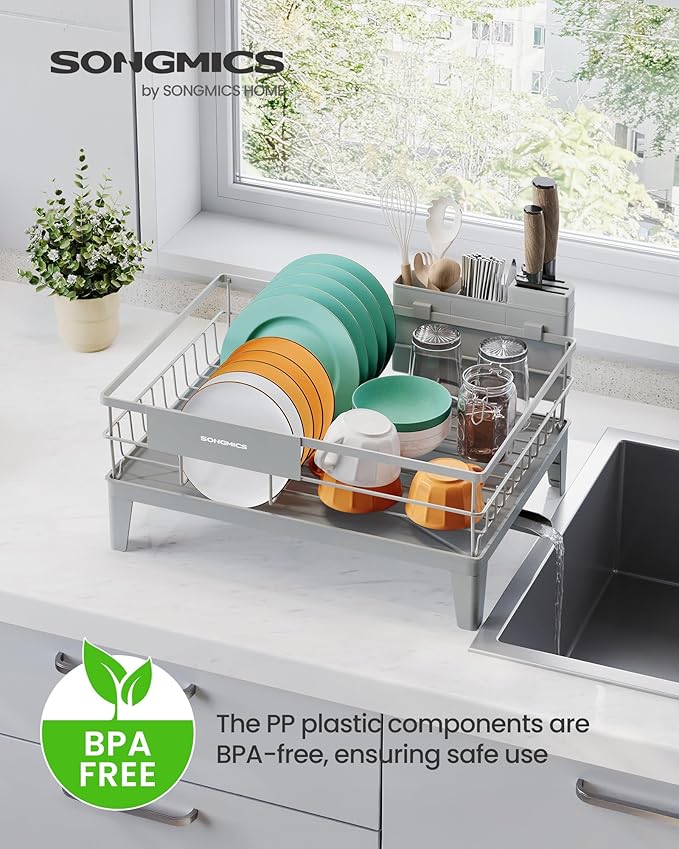 SONGMICS Dish Drying Rack, Kitchen Dish Rack, with Drainboard, 360° Rotatable and Extendable Spout, with Cutlery Holder, 12.2 x 16.5 x 7.3 Inches, Dove Gray UKCS550G01