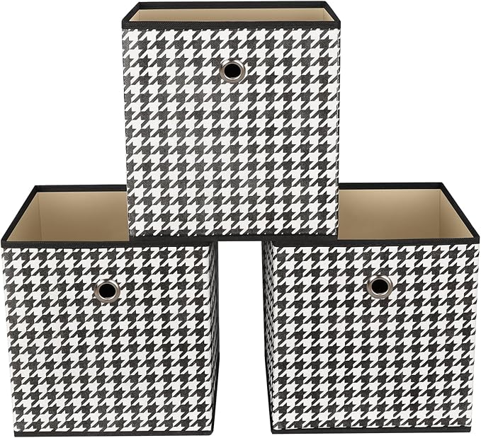 Foldable Storage Cubes Bins,11 Inch Cloth Storage Cube Fabric Storage Box Cubes Organizer Baskets with Dual Handles for Home Organizer Set of 3 (Houndstooth)
