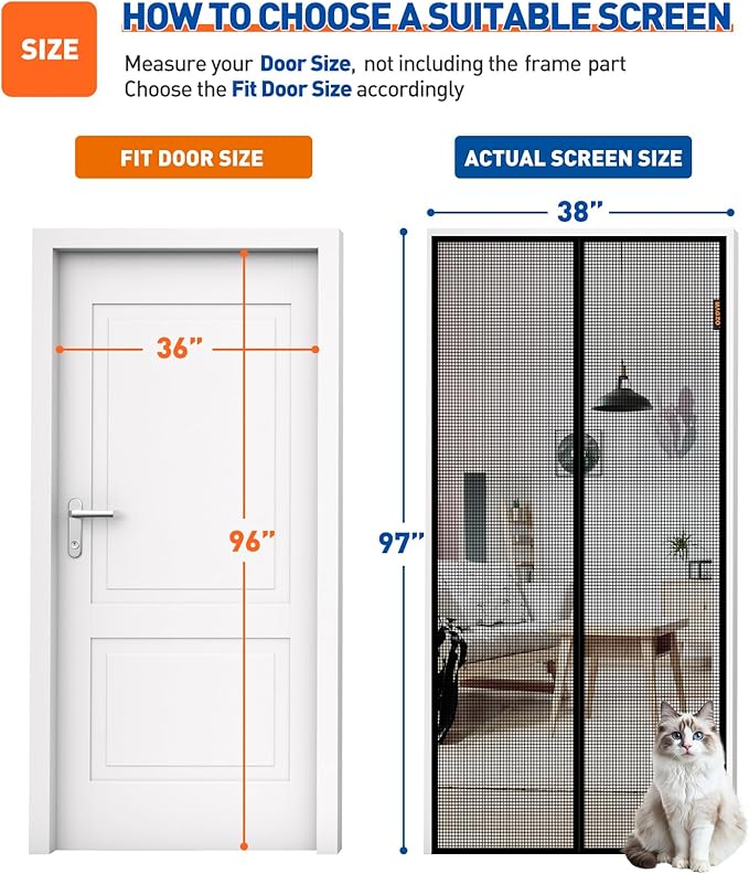 MAGZO Upgraded Pet Proof Magnetic Screen Door Thicker 250g/m² Pet Screen Door Mesh Fit Door Size 36 x 96 Inch, Mesh Size 38" x 97", Heavy Duty Cat Resistant Mesh for Front/Back/Sliding/Patio Door
