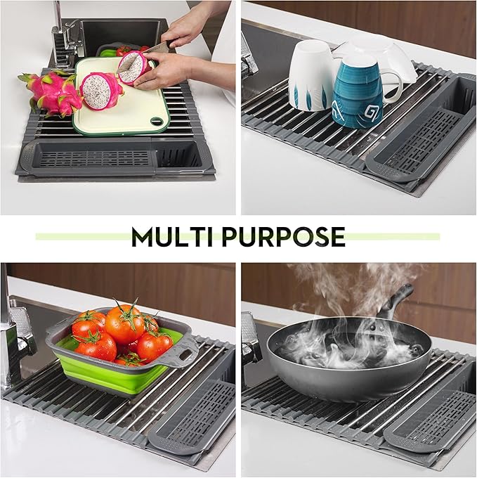 Roll Up Dish Drying Rack Over The Sink, 304 Stainless Stee Dish Drainer, Foldable & Adjustable Sink Drying Rack for Kitchen Sink Counter with Utensil Holder (Black, Roll Up,Small,Expandable)