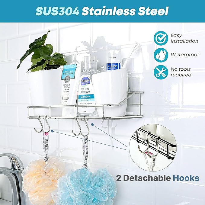KESOL Adhesive Shower Caddy Shower Shelf Organizer for Bathroom Organization with Hooks, SUS304 Stainless Steel, 2 Pack (Silver)