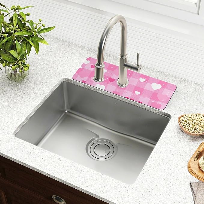 Kitchen Sink Splash Guard 1 PC 14.7 Inch Sink Faucet Mat Splash Guard for Bathroom Countertop Water Absorbent Foldable Cuttable Soft Washable Plaid Checkered Pink White Hearts Dots