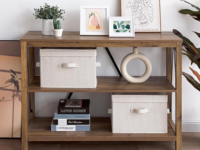 StorageWorks Fabric Storage Bins with Lid, Decorative Storage Boxes for Shelves, Stackable Closet Organizer Basket with Handles, Large, Khaki and Beige Stripes, 2-Pack