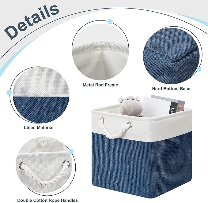 Posprica 11×11×11 Storage Cubes, Collapsible Storage Bins Organizer for Closet, Fabric Storage Box with Cotton Rope Handles, Decorative Storage Baskets for Shelves, Nursery, Toy, set of 6 - White/Blue