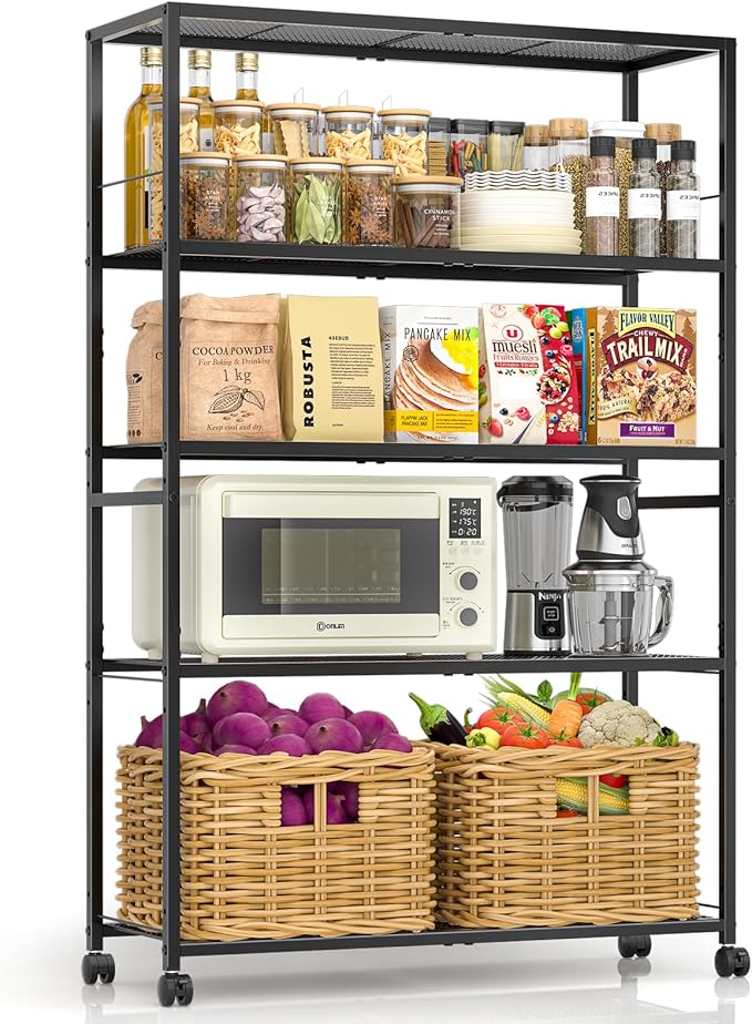 5 Tier Metal Shelving Unit, Storage Shelving with Adjustable Shelves, Extra Wide Metal Storage Rack with Wheels for Kitchen, Garage, Pantry & Closet Organizer, 32.7" L x11.8 D x 51.5" H