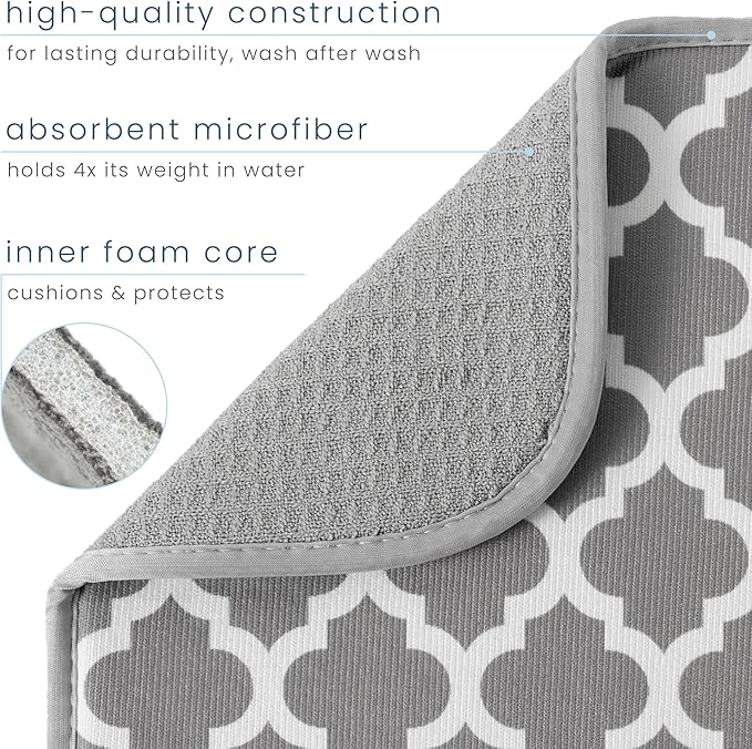 S&T INC. Dish Drying Mat, 16” x 18”, Absorbent Microfiber Kitchen Counter Mat, Dish Drying Pad for Dishes, Utensils, Pots and Pans, Large, White Trellis