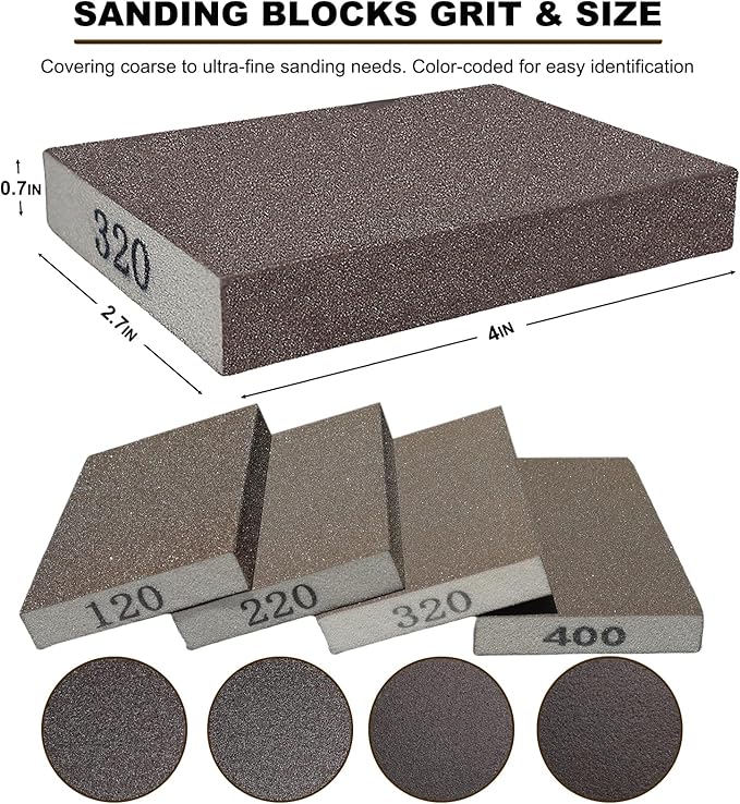 8 Pack Hand Sanding Sponge Set -120 220 320 400 Grit- Coarse Medium Fine Grit Sanding Block, Sander Sponges for Wood-Working Drywall Metal, Washable and Reusable Sponge for Rust Removal Polishing